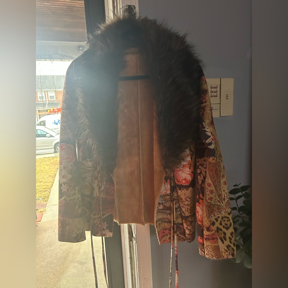Women's Multicolor Patchwork Jacket with Faux Fur Collar